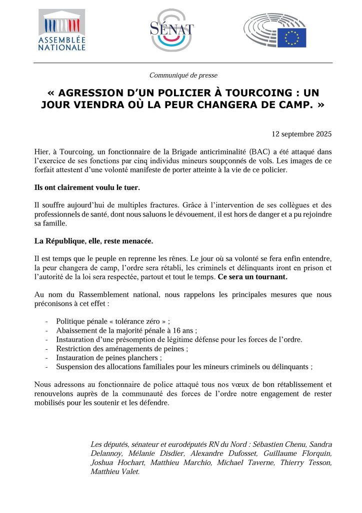 Communiqué de presse de Sandra Delannoy - Agression d’un policier : le Rassemblement National exige une réponse ferme